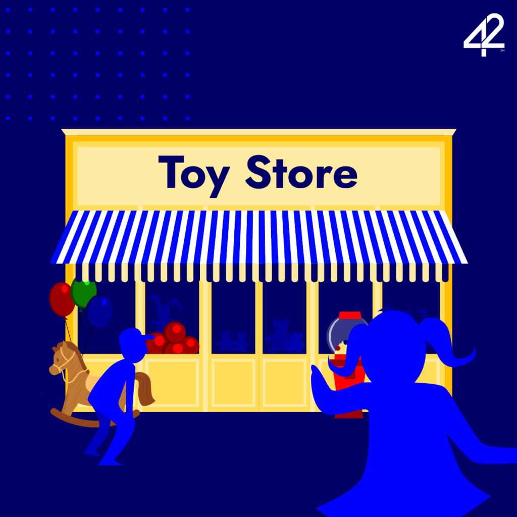 blue and yellow vector artwork of a toy store with two children